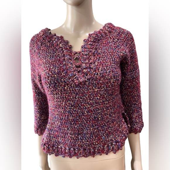 Vintage Tops - Vintage Handmade crochet knit chunky v neck fitted sweater Size M
